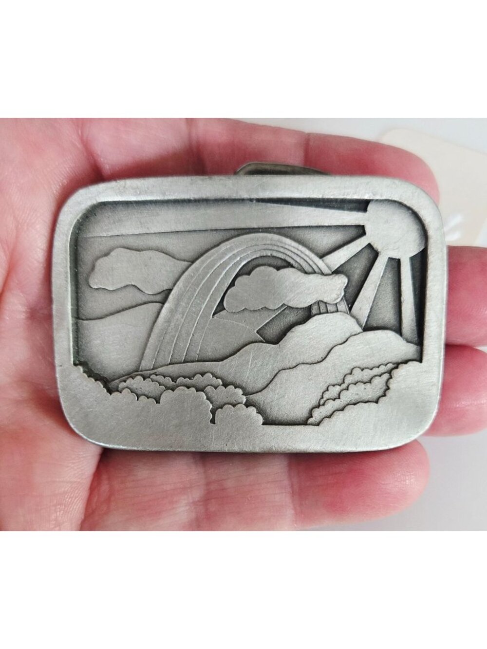 Vintage 1977 Indiana Metal Craft Pewter Rainbow Belt Buckle